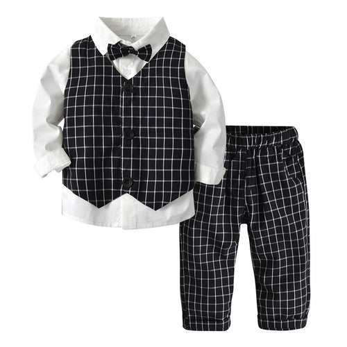 3pcs/set Toddler Christmas Outfit Fall Formal Plaid Style Long Cotton Shirt with Pants and Vest for Baby Boys Clothing