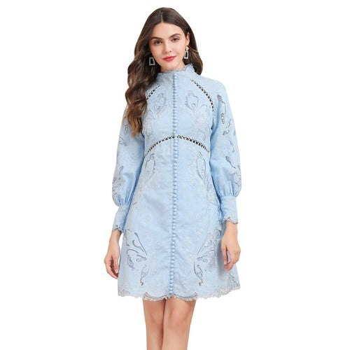blue linen lace trims high neck long sleeved slim short dress see through hollow out short woman winter dress retro shirt dress
