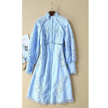 Load image into Gallery viewer, blue linen lace trims high neck long sleeved slim short dress see through hollow out short woman winter dress retro shirt dress
