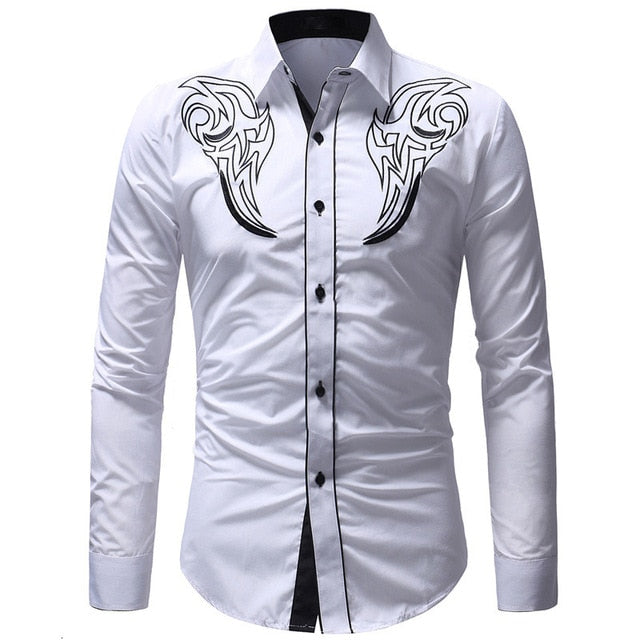 2019 New Fashion Mens Shirt Long Sleeved Mens Top Embroidery Shirt Mens Hawaiian Dress Shirts Slim Fit Men Shirts Plus Size 3XL